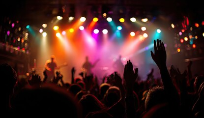 A vibrant concert scene, with a crowd of people raising their hands in enthusiasm, bathed in colorful stage lights