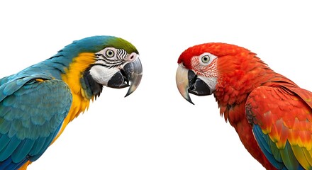 Fototapeta premium Two Colorful Macaws Face Each Other Against a Pure White Background
