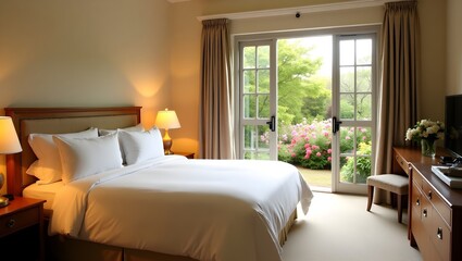 Warm cozy bedroom with open window to garden, morning light streaming in, peaceful and inviting atmosphere
