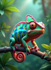 Obraz premium An enchanting and colorful chameleon character resting in a magical, sunlit jungle. This whimsical 3D illustration brings a fantasy creature to life with vibrant colors.