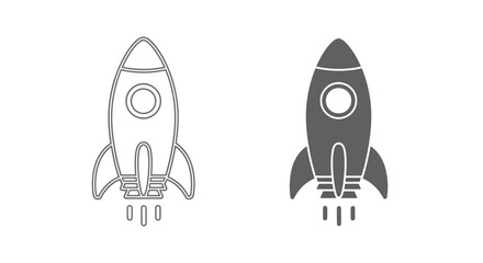Two rocket illustrations isolated on white background, one in outline style