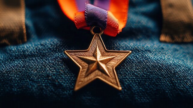 War medal showcasing a bronze star, detailed craftsmanship with vibrant ribbon, symbol of valor and dedication, historic significance.