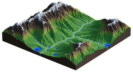Detailed isometric 3D model of a mountain range landscape with a river system flowing through a green valley, showing topography.