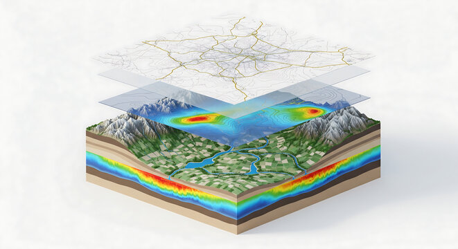 Geographic Data Visualization Layers with Topographical and Heatmap Overlays