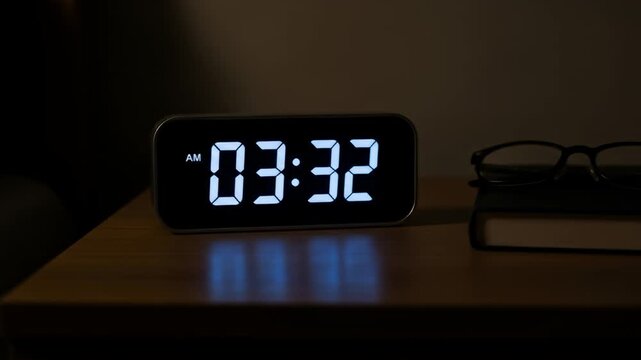 Digital alarm clock reads 333 AM beside a pair of glasses and a book in dim light