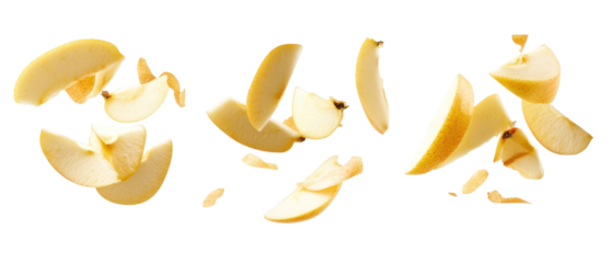 Scattered Pear Slices Displayed Against A Transparent Black Background Demonstrating Food Preparation and Culinary Design