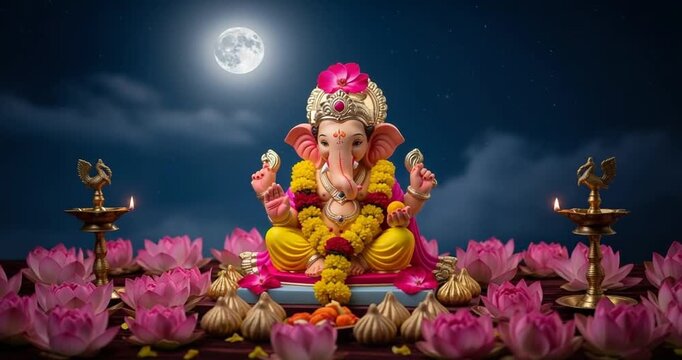 Ganesha Idol on Platform with Pink Lotus Flowers Lit by Oil Lamps Under Moonlight in Dark Blue Night Sky