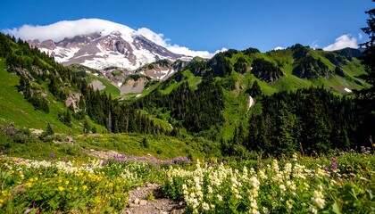 Lush mountain valley with wildflowers and a snow-capped peak