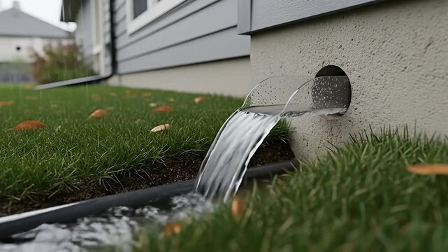 Water flows from a pipe, through a channel on grass, with leaves and a house nearby