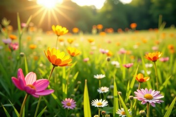 Fototapeta premium Sun-drenched meadow, wildflowers in vibrant bloom, daisy, fresh, spring
