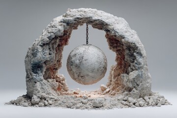 Stone archway,  metal sphere,  crumbling rock,  suspended weight