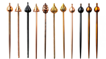 Stainless steel, Copper, Bamboo cocktail pick, garnish skewer stick transparent PNG set bundle, isolated background.