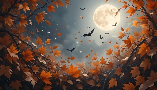 Full Moon Autumn Night with Flying Bats and Falling Orange Leaves Halloween Illustration Wallpaper Background