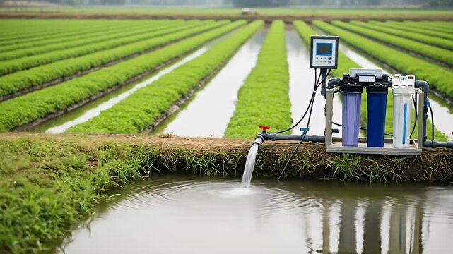 Filtration system beside a field with rows of crops