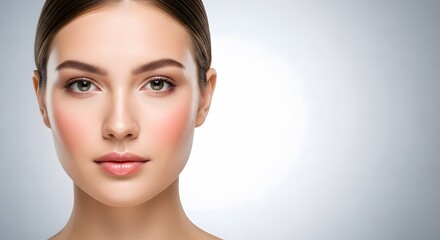 Obraz premium Beautiful Young Woman Face Close-up with Subtle Makeup and Soft Lighting, Portrait on Gray Background with Copy Space