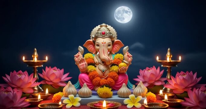 Ganesha Idol with Golden Crown And Festive Ornaments Surrounded by Pink Lotus Flowers Lit Candles under Moonlight in Night