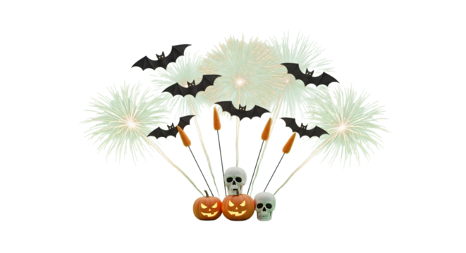 Spooky Halloween celebration with glowing jack-o-lanterns, skulls, bats, and festive fireworks creating a dynamic, eerie, and magical atmosphere