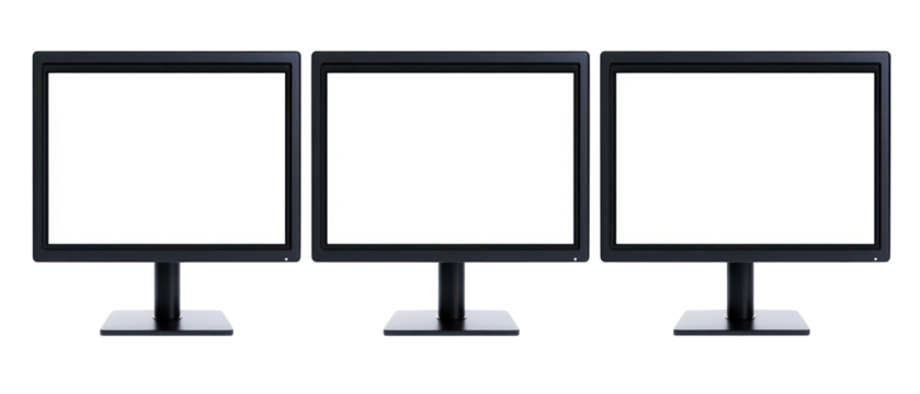Three Blank Monitors Isolated on Transparent Background Displaying White Screens for Digital Information and Communication