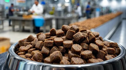 Brown sugar cubes stacked in a bowl with workers processing sugar products in a modern facility
