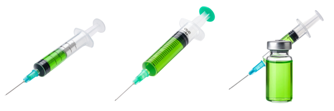 Medical Syringes And Green Liquid With Blue Needle Against A Transparent Background