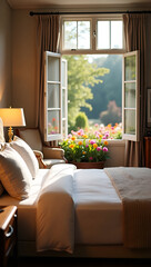 Warm cozy bedroom with open window to garden, morning light streaming in, peaceful and inviting atmosphere