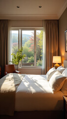 Warm cozy bedroom with open window to garden, morning light streaming in, peaceful and inviting atmosphere