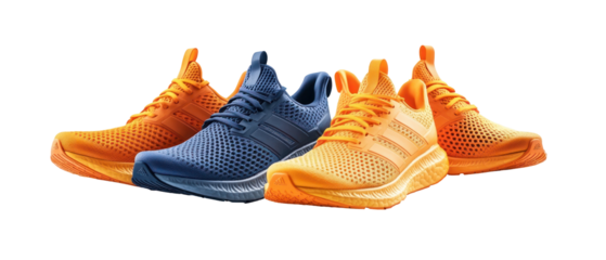 Four Pairs Of Pixelated Running Shoes In Orange And Blue Colors On Transparent Background