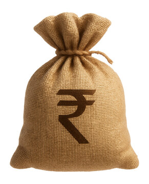 Burlap money bag with Indian rupee symbol.
