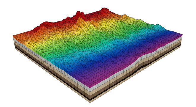 Vibrant 3D Rendered Topographic Map Displaying Geological Layers and Data Visualization. Abstract Digital Terrain Model with Colorful Elevation Contours.