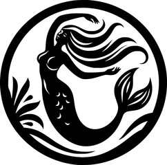 Minimalist black and white vector icon of a mermaid. Clean, isolated, scalable, perfect for stickers, logos, or digital use.
