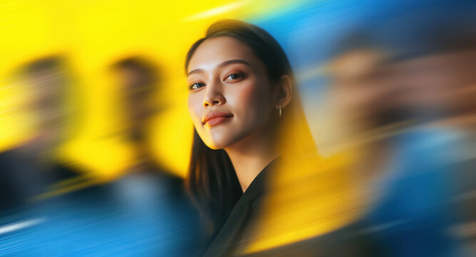 Confident Asian businesswoman in focus amid rushing blurred blue-yellow figures in an urban abstract setting