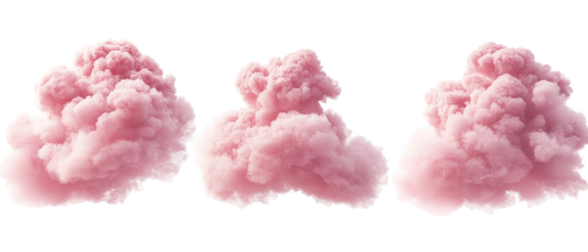 Three Pink Cloud Formations Isolated On Transparent Background Depicting Dreamlike Vaporous Structures