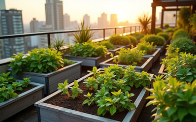 An aerial view of a rooftop garden in the city. Garden beds, compost bins, and lush greenery.  Urban sustainability and community-based green living.