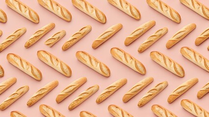 Repeating pattern of golden-baked baguettes and rolls on a soft pink background.