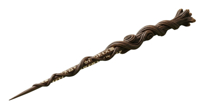 Mystical wooden wand with ancient runes, crafted from natural wood, evoking magic and fantasy for creative projects.