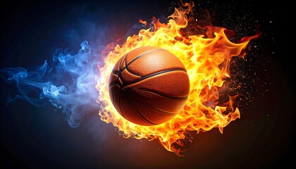 Fototapeta premium A basketball ablaze in fiery passion, surrounded by vibrant smoke, against a dramatic dark background.