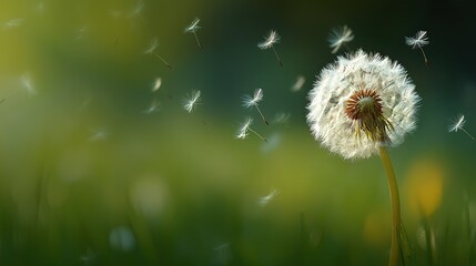 Dandelion Seed Dispersal in Nature, Symbolizing Journey, Graduation, and the Concept of New Beginnings.