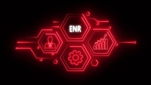 Abstract neon Hud knowledge ability business gear icon Glowing neon line concept. Glowing "  ENR " button in German on a futuristic, abstract wave technology on black background. 4K video 