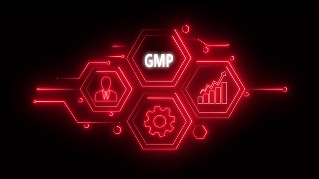 Abstract neon Hud knowledge ability business gear icon Glowing neon line concept. Glowing " GMP " button in German on a futuristic, abstract wave technology on black background. 4K video 