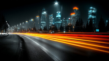 Night highway traffic with motion blur. Car light trails on urban road, fast speed, dynamic movement. City lights, travel, transport, speed, technology, long exposure.