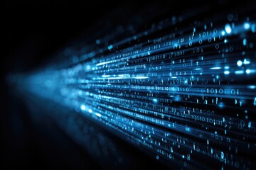 Fast-moving streams of light-blue binary code against a dark background