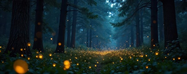 Hundreds of fireflies create a dazzling light show in a shadowy forest , night, dark
