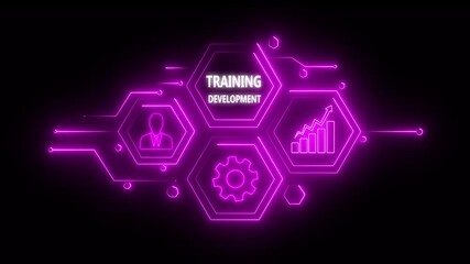 Abstract neon Hud knowledge ability business gear icon Glowing neon line concept. Glowing " TRAINING DEVELOPMENT " button in German on a futuristic, abstract wave technology on black background. 4K - Powered by Adobe