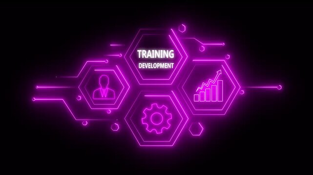 Abstract neon Hud knowledge ability business gear icon Glowing neon line concept. Glowing " TRAINING DEVELOPMENT " button in German on a futuristic, abstract wave technology on black background. 4K 