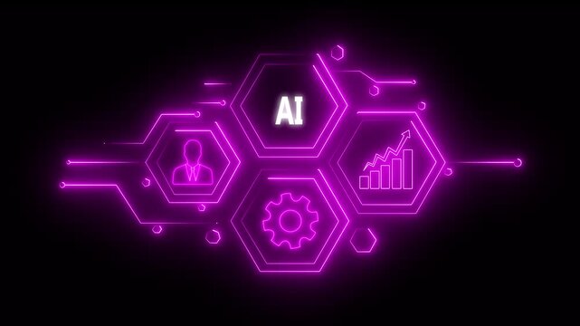 Abstract neon Hud knowledge ability business gear icon Glowing neon line concept. Glowing " AI " button in German on a futuristic, abstract wave technology on black background. 4K video 
