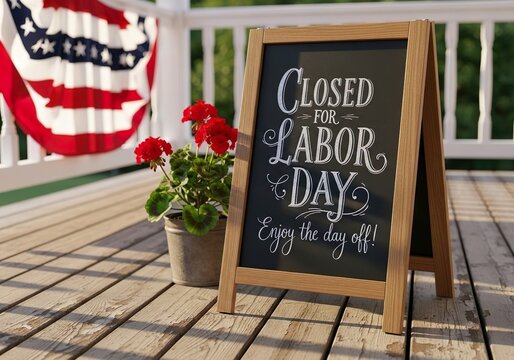 Labor Day celebration with closed sign and patriotic banner for workers and occupations - Powered by Adobe