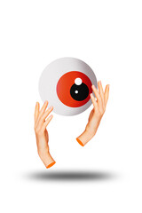 Fototapeta premium Template sketch image composite artwork collage of freemason caricature two hand body fragment hold eyeball focus watch control discover