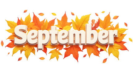 September Text with Autumn Leaves on Transparent Background