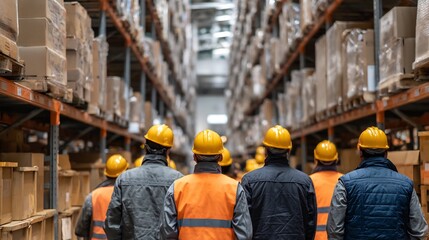 Warehouse team moving inventory all facing away the camera coordinated effort large storage area