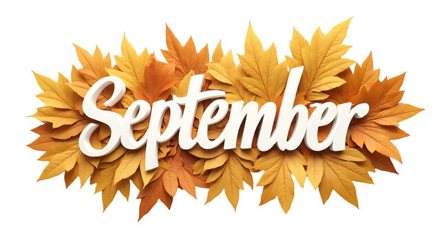 September Text with Autumn Leaves on Transparent Background
